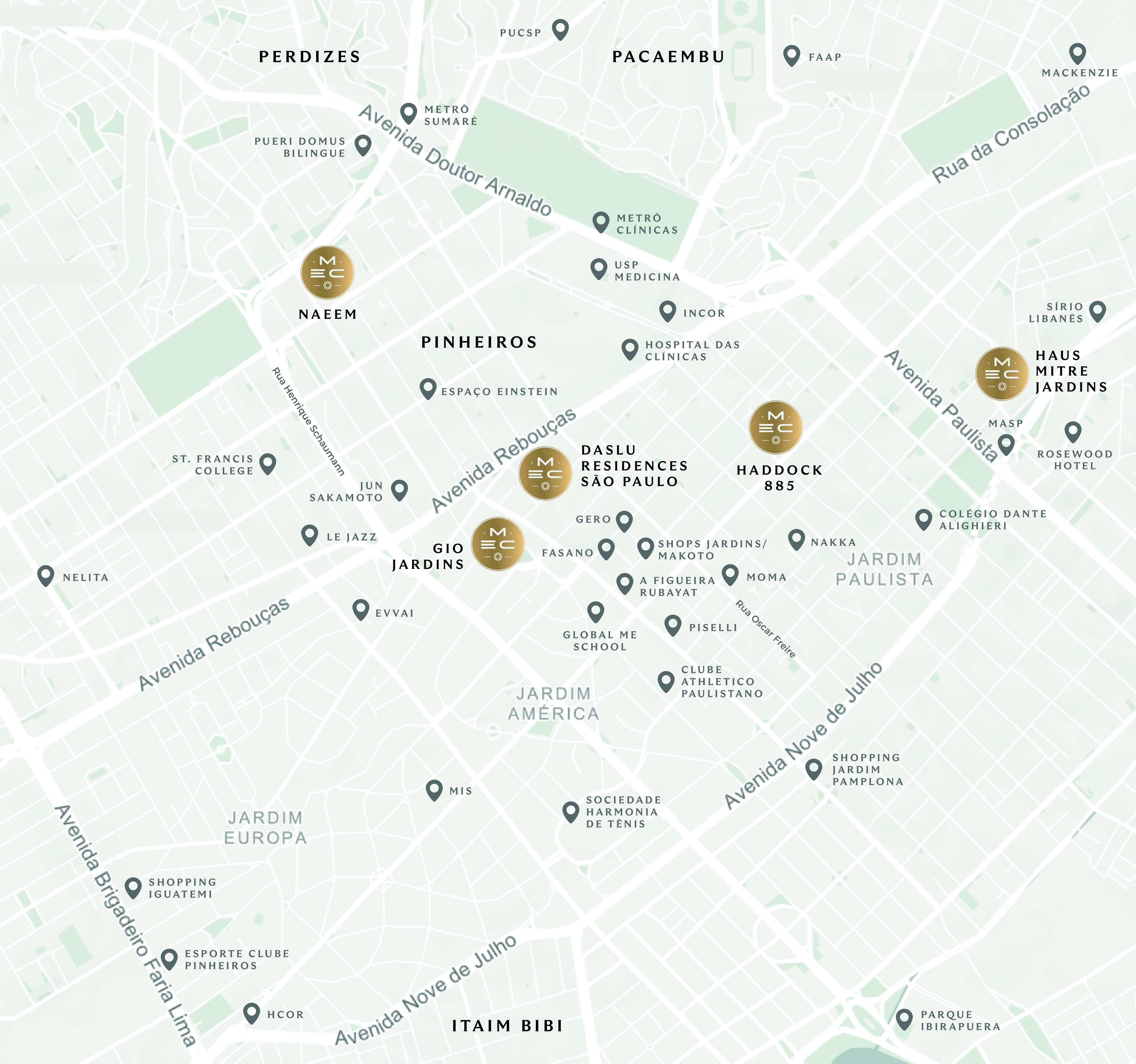 Localizações GIO JARDINS, HADDOCK 885 e HAUS MITRE JARDINS